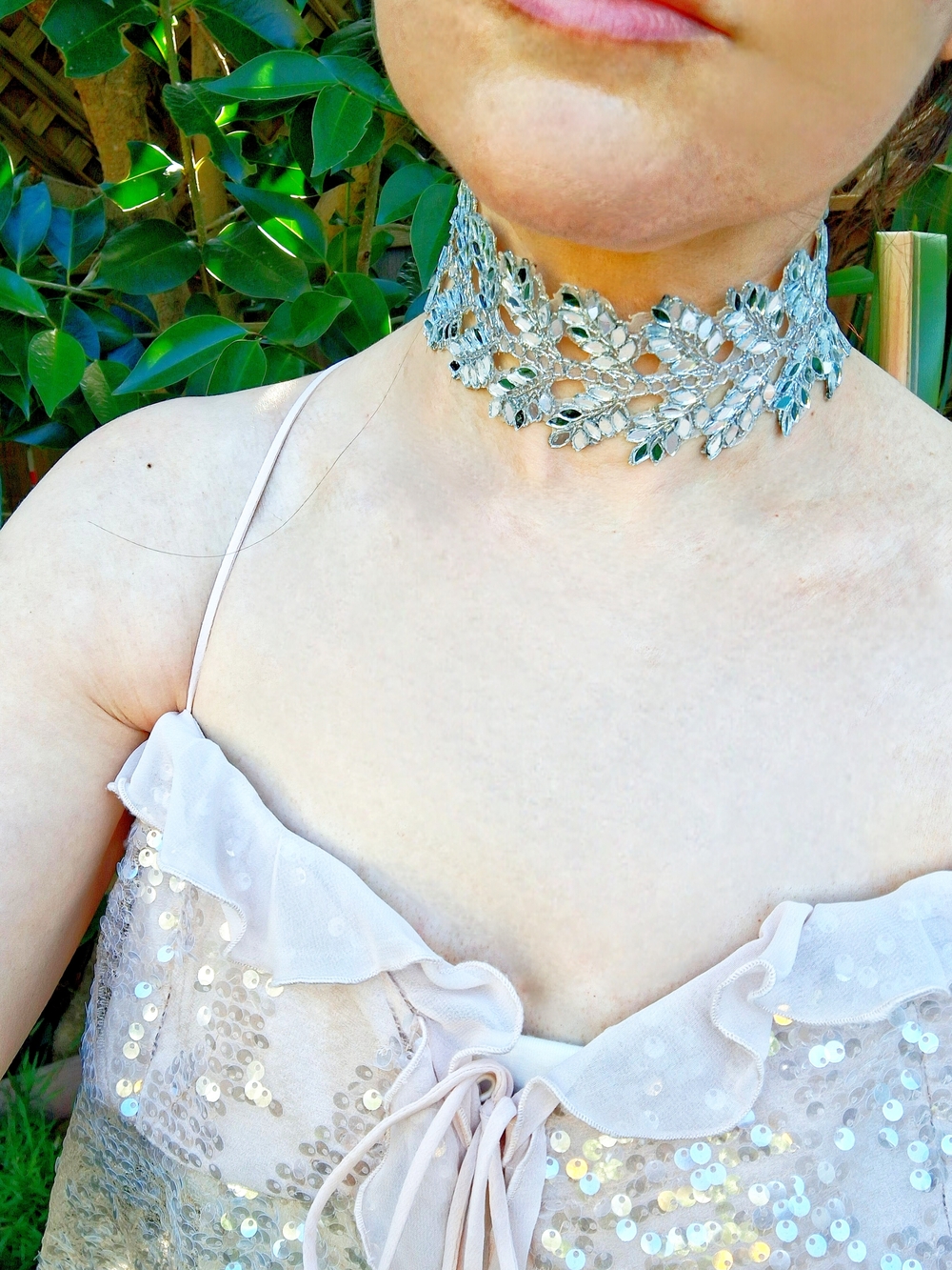 Handmade Silver Leaf Lace Choker Necklace Boho Wedding Festival Party Art Chic